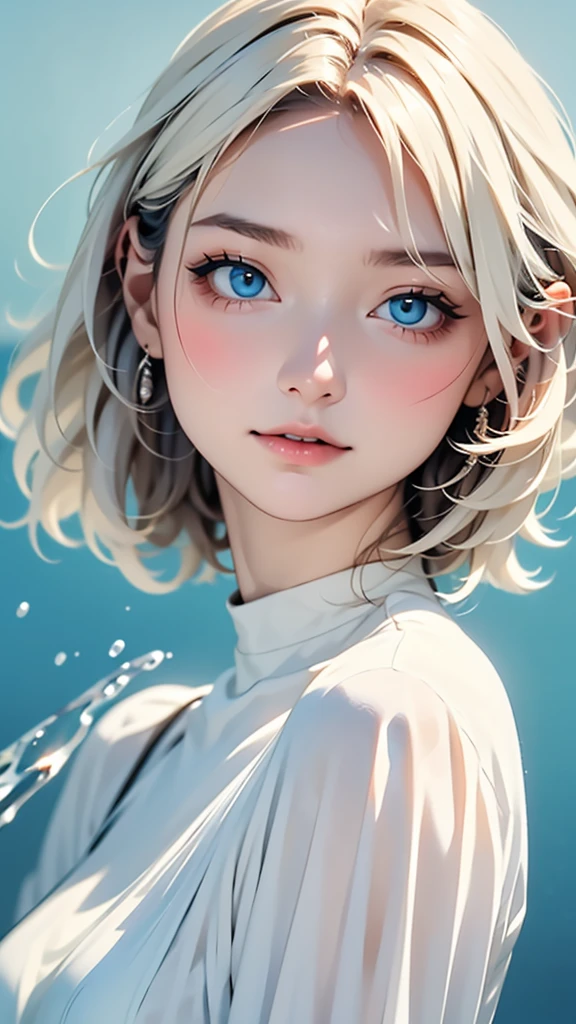 (masterpiece, best quality:1.2), 8k, 85mm, raw photo, absurdres, white and cyan theme, (liquid clothes, liquid dress:1.4), white hair, gradient dress, delicate girl, upper body, close up face, shiny skin, teen, looking at viewer, HDR, sharp focus, particle, twilight sky, detailed eyes and face, white hair, simple background,(Enhances the beauty of skin texture:1.1),((Extremely precise and accurate anatomy:1.0)),Kind eyes,Graceful pose,