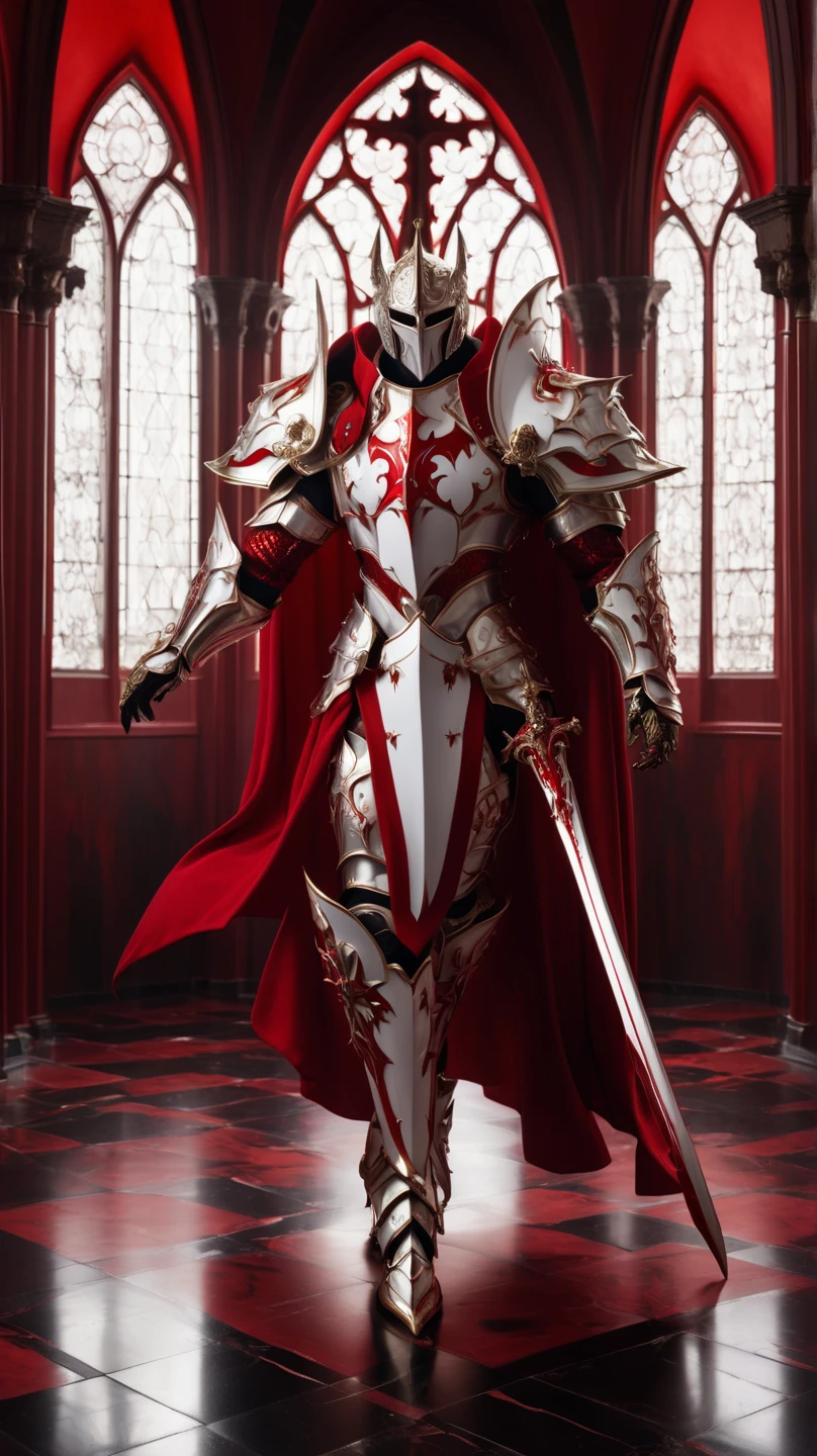 is possessed by a demon, a holy knight commander.A full-body image of an adult male . muscular body .Wear white gold holy knight armor. Eyes Deep Red . standing inside a mysterious black and red church.Bold composition
