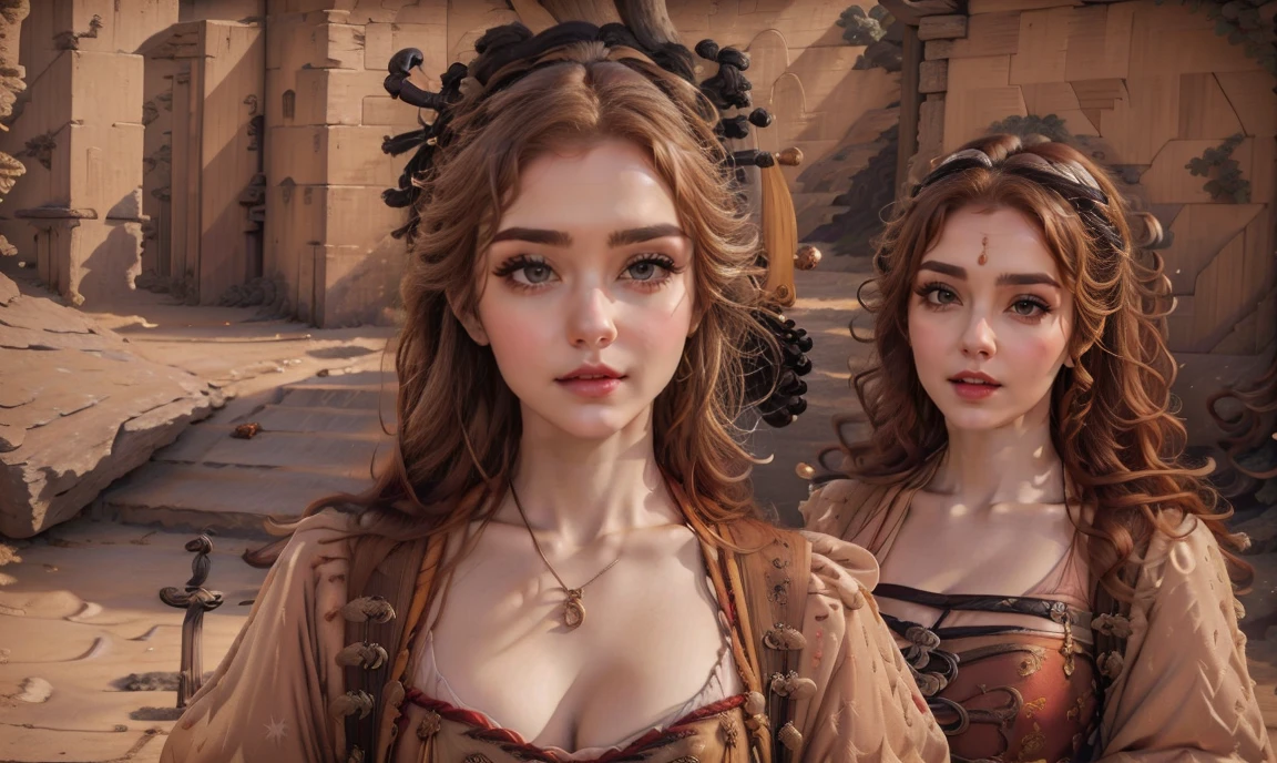 fantasy, realistic. close up. ((bright color palette:1.5)). ((red-haired:1.5)), ((one classy stunning gorgeous female high-class bard:1.5)), ((light brown eyes:1.5)), ((happy smiling beautiful expression:1.5)), wearing expensive feminine clothing, holding a lute, ((looking straight at the camera:1.5)), colorful village background.