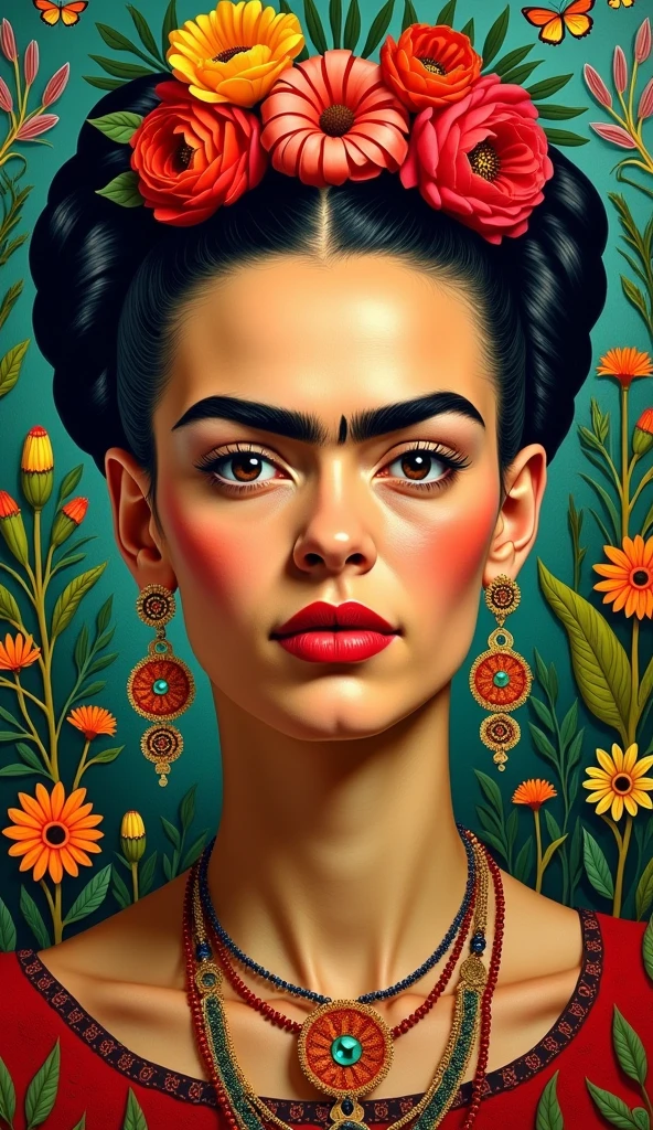 A portrait of Frida Kahlo, capturing her distinctive style with traditional Mexican clothing and elaborate floral headpiece. Her hair is styled in thick braids, adorned with colorful flowers, reflecting her iconic appearance. She wears a vibrant red and teal dress with intricate patterns, emphasizing her cultural heritage. The background is filled with bold, vivid colors, reflecting the intensity of her art and personality. The overall style is a mix of realism and symbolic elements that reflect her unique identity.