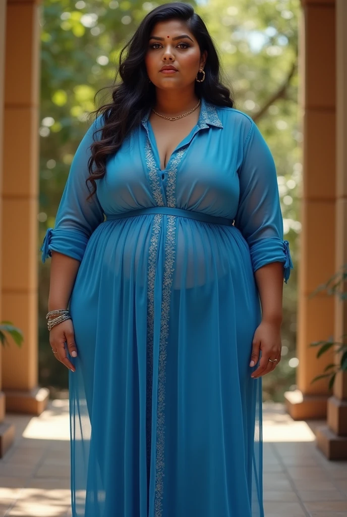 a  50-year-old shirtless man  affectionately hugging and kissing aradiant, full-figured South Indian plus-sized 30 year old teacher wearing a blue silky saree in  dressing room, captured in a full-body image with vibrant hues and meticulous details. Full body image