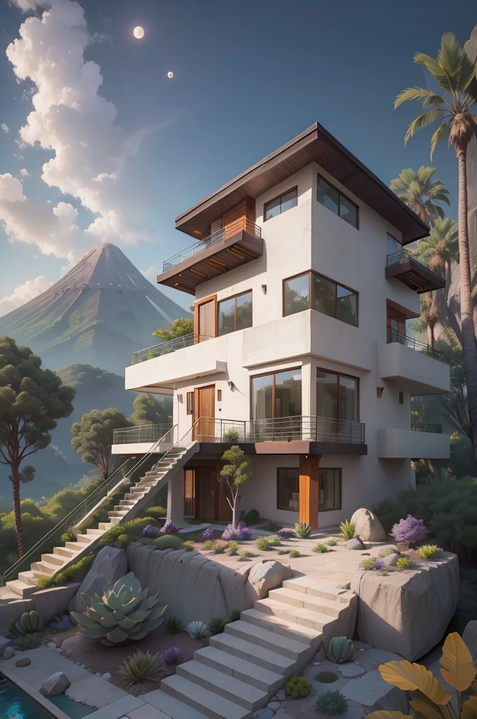 small and beautiful modern house in top of big boulders, terraces, pool, stairs, multiple cacti gardens, palms, trees, rocks, beautiful landscape design, mountains and volcano y background, amazing clouds, sun, moon, planets, milky way galaxy, concrete, wood, glass and steel materials, olive green, violet, orange and withe colors in facade