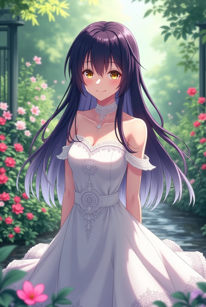 masterpiece, Highest quality, Highly detailed 8k wallpaper, One girl, Outdoor, Helena(Azur Lane),strapless dress, dress, layered dress,White flower, hair ornaments, Purple eyes, (choker), overview, (Black gloves), barefoot,