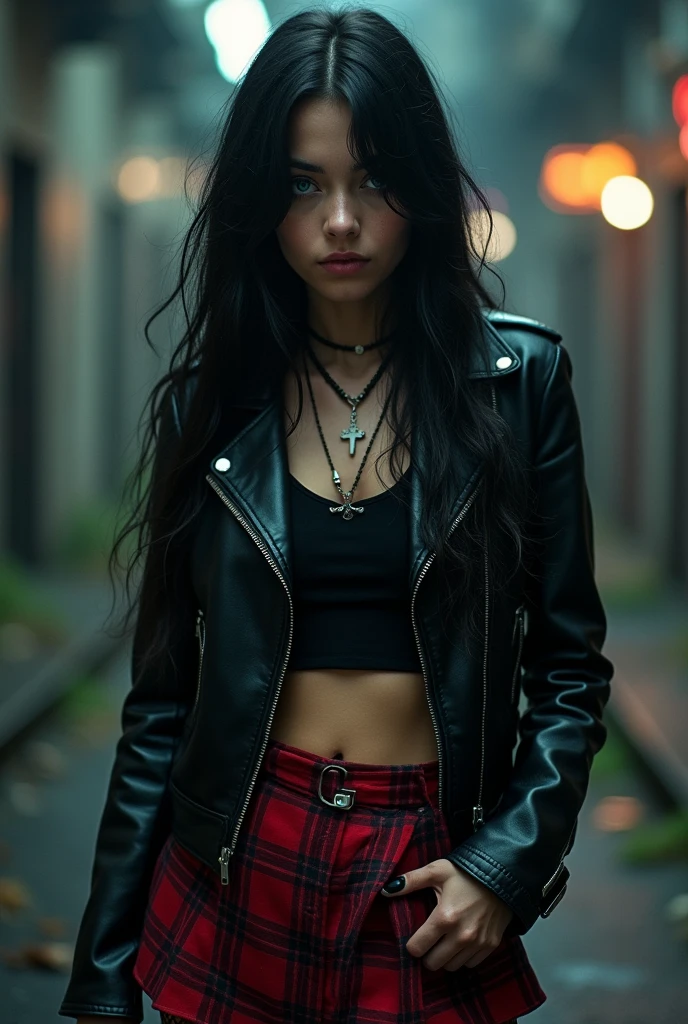 Woman with cat ears and tail, dressed in a punk style, with bangs and long straight hair, wearing shorts and a leather jacket 
