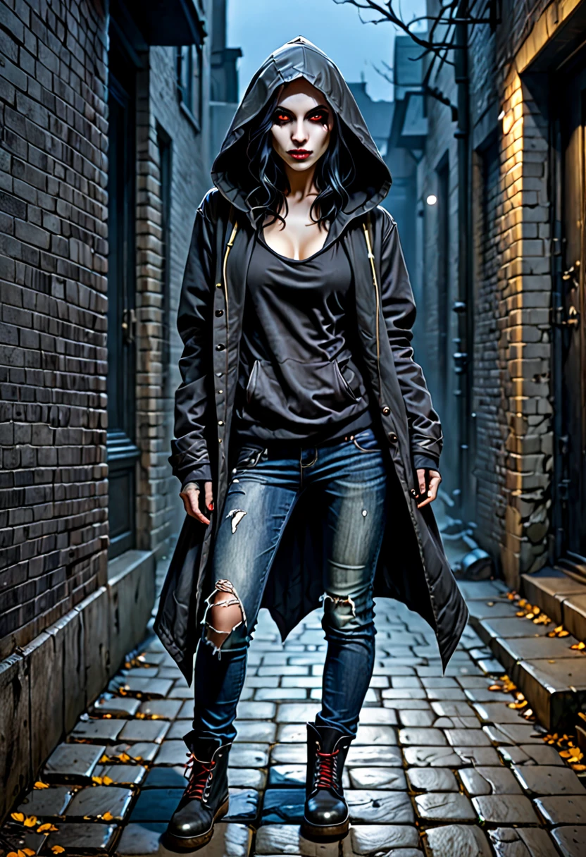 in the style of Charlie Bowater, (UHD), vampire, Nosferatu, woman, ugly face, asymmetrical eyes, hooded jacket, too long arms, crouching, looking at the viewer from the shadows, yellow eyes, gray skin like old cracked parchment, crouching in an alley, torn jeans, combat boots, sunken cheeks, deep-set eyes, crooked nose, night