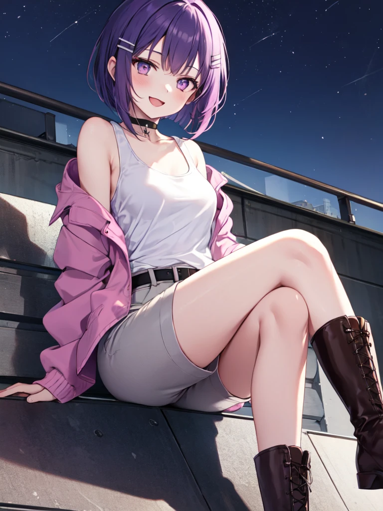  1 girl, solo, Purple Hair,  bob hair, Beautiful breasts, medium chest , white tank top,Grey shorts, black choker ,Black belt,Pink jacket, hair clip, brown boots ,Slanted Eyes, Light purple eyes, open your mouth slightly,smile,happiness/joy,  Sitting on a Bench , crosses legs, high definition ,  simple background,rooftop,night, top quality,  anatomically correct, masterpiece,