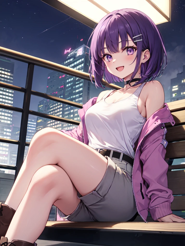  1 girl, solo, Purple Hair,  bob hair, Beautiful breasts, medium chest , white tank top,Grey shorts, black choker ,Black belt,Pink jacket, hair clip, brown boots ,Slanted Eyes, Light purple eyes, open your mouth slightly,smile,happiness/joy,  Sitting on a Bench , crosses legs, high definition ,  simple background,rooftop,night, top quality,  anatomically correct, masterpiece,