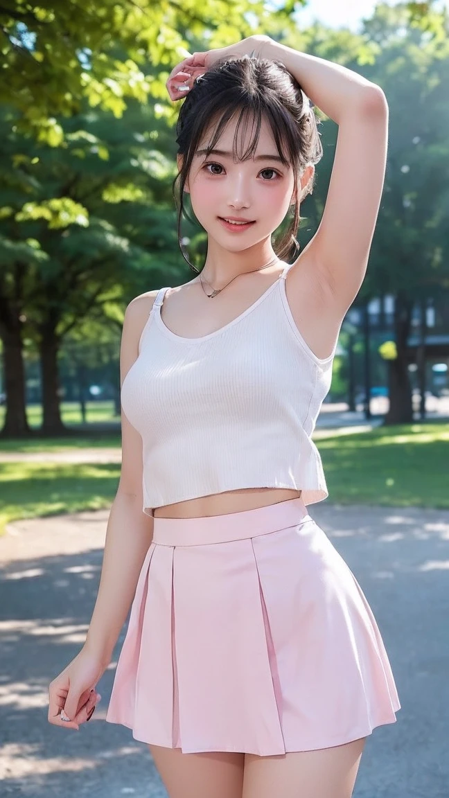 1girl, egirl, korean, wavy hair, white top, pink sarong skirt, up to knees, outdoor, cute pose, glossy lips, full body, realistic, wonyounglorashy