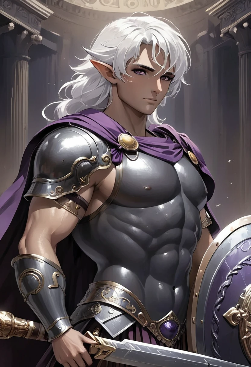 anime, planitia, (((one girl))),(masterpiece, best quality, ultra-detailed, best shadow), (detailed background,dark fantasy), (obsidian white human detailed head), best quality, cinematic lighting, dark, elf, full boody, greek god, white hair, (Matt black eyes), mature, handsome, muscular abs, hairy torso, fantasy, intricate, elegant, highly detailed, digital painting, artstation, concept art, smooth, sharp focus, illustration, art by gaston bussiere and alphonse mucha obsidian armor on torso. (((holding big roman sword and shield))). purple.