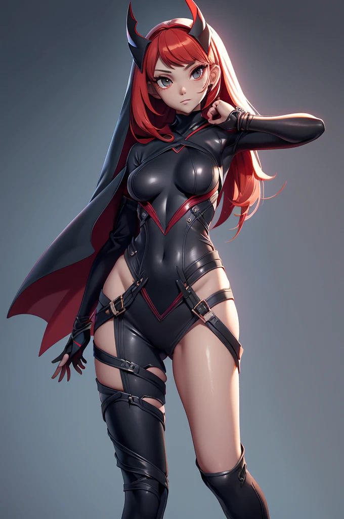 (Ruby Rose), full-body, pretty eyes, pretty mouth, cute nose, cute ears, curvy body, plump body, slender waist, wide hips, plump thighs, long legs, long thighs, big tits, long knees, long calves, high heels, (blue and black clothing), long stockings, detailed hair, detailed face, detailed jaw, detailed chin, detailed eyes, detailed eyebrows, detailed eyelashes, detailed nose, detailed mouth, detailed body, detailed tits, detailed clothes, detailed facial expression, detailed legs, detailed thighs, detailed high heels, detailed stockings, skimpy clothes, covered bits, detailed skimpy clothes, streamline image, no blurry lines, cleared up image, micro detailed, black hair with red highlights, silver eyes, detailed ears