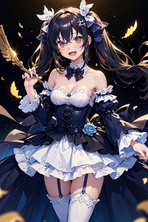 (masterpiece,  top quality:1.2), illustrations,8k, high definition , 1 girl,Alone, cowboy shot ,medium breasts, Twin Tails ,Neptune (series),black (Neptune series), long hair , skirt ,white  skirt ,pleated  skirt , clevis on a stone,bangs,Bare shoulders,black  dress,blackい靴, black hair,blue bow, thigh high socks ,blue bowtie,blue ribbon,bow,bowtie,brooch,button,detached collar,  hair ornament  ,separated sleeve , dress, I can see my eyebrows through my hair,Ruffle sleeves,frills,  garter strap ,white  dress, Gold Trim , hair between eyes,hair ribbon,髪を持っている,gem, Multi Colored Clothes ,multicolored  dress, red eyes,ribbon,short  dress, strapless, strapless  dress, thigh boots, Twin Tails , sticks out his tongue ,  heavy makeup ,  eyes symbol ,  has sharp fangs, Laughing/ good laugh,  eyes sparkle, 