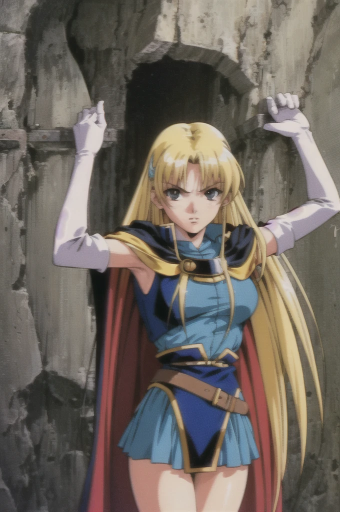 Sharon Waugh,  1 girl, Alone,   hair ornament  , Cape,   dress,  elbow gloves , belt,looking at viewer, retro art style for stilets, 1990s ( style for stilets), Deep in the cave,  cowboy shot , Put your hands on the wall