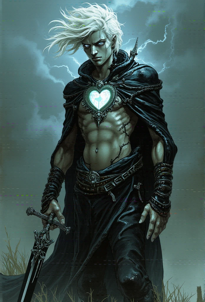 Ultra High Resolution digital art of a stitched, undead warrior with pale, patchwork skin. The character stands tall with wild, flowing white hair and glowing silver eyes. A glowing mechanical core resembling a dark heart is embedded in his chest, pulsing with ominous energy. He wears a tattered black cloak adorned with intricate occult symbols, exposing his stitched, decaying torso beneath. In his hand, he wields a cursed greatsword with a skeletal hilt, surrounded by faint, shadowy mist. The setting is a gothic battlefield under a stormy sky, with flashes of lightning illuminating the haunting figure. Award-winning, epic composition, ultra detailed. Inspired by the dark fantasy art style of Gerald Brom and Kazuki Takahashi.