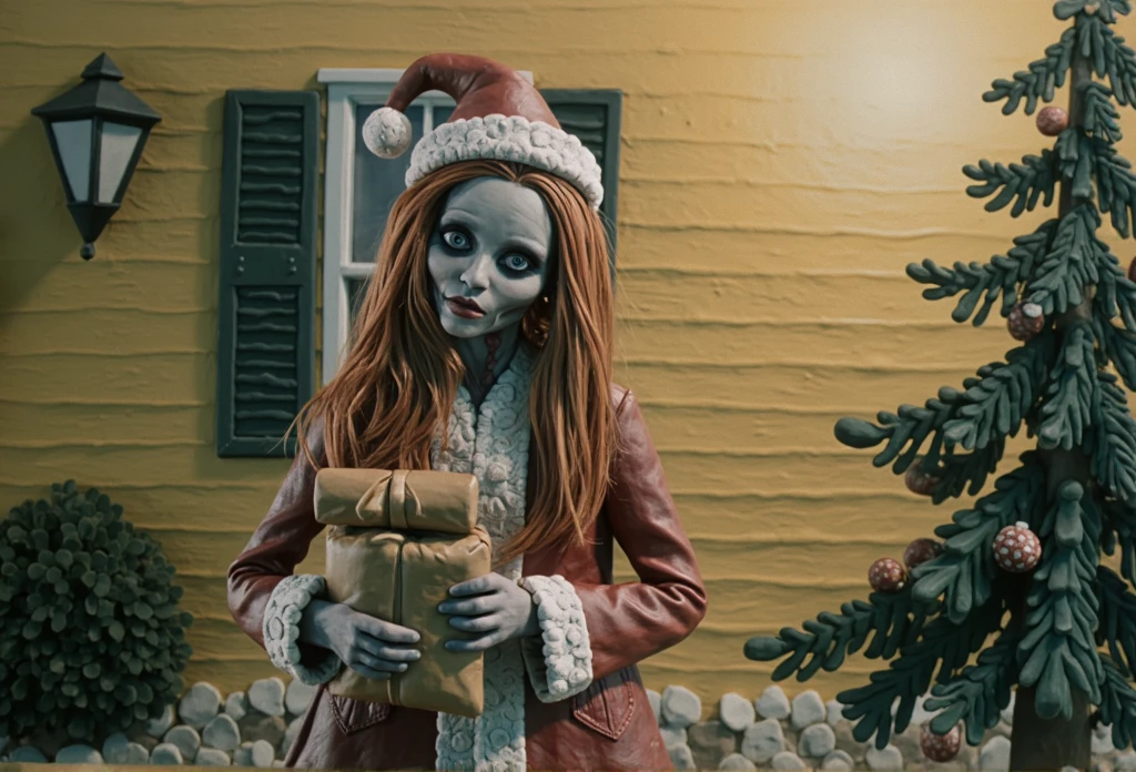  clay painting ,  portrait of a beautiful redhead zombie woman with long hair dressed as Santa Claus.  she's standing outside near a Christmas tree  .  she holds a bag of gifts .  time - Golden Hour .