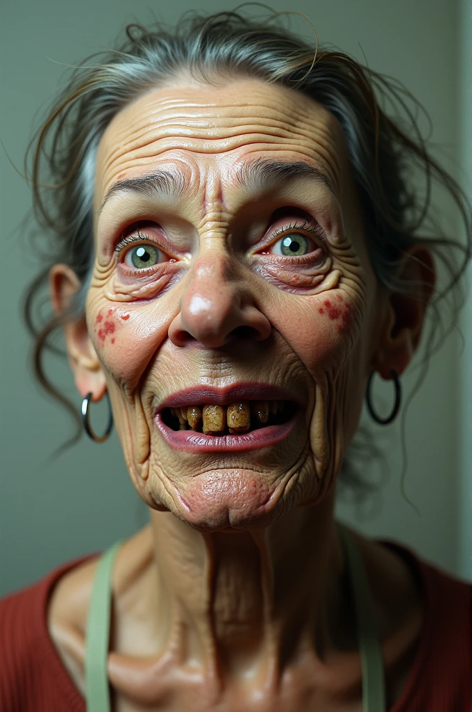Ugly, 50 year old woman, Japanese, dirty skin, dirty hair, big gums, small eyes, red eyes, big nose, monkey face, eats large portions of ramen, dirty room