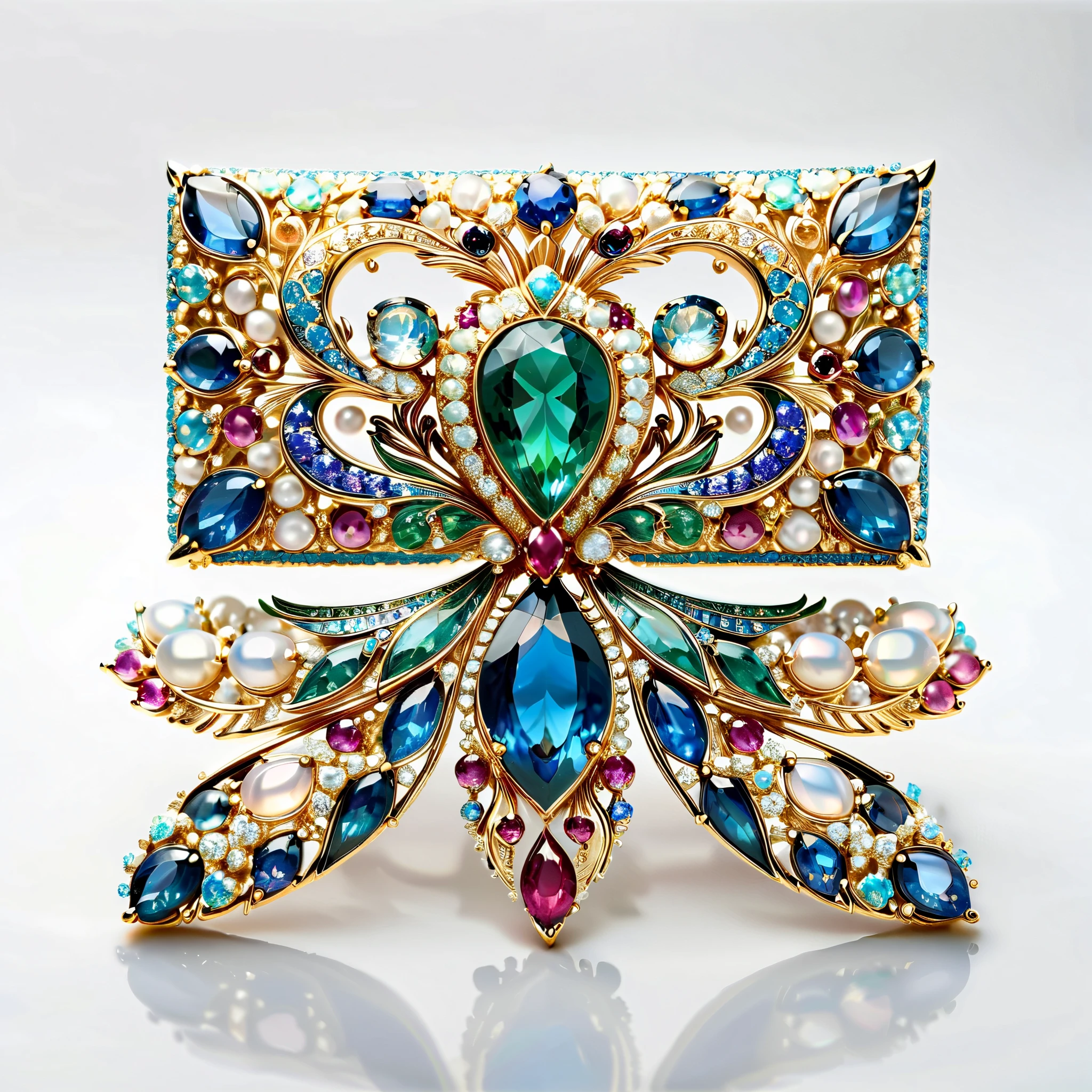 masterpiece. Exquisite brooch ， depicts a Malagasy tourmaline phoenix， precious stones adorning high jewellery . Exquisite craftsmanship.  high quality. Excellent refinement. (( super detailed)).  on the table decoration ， and scattered some mother-of-pearl , opal, ruby. lapis lazuli. masterpiece hors norme. majestic and true.  Super Realistic .. ((  white background ))