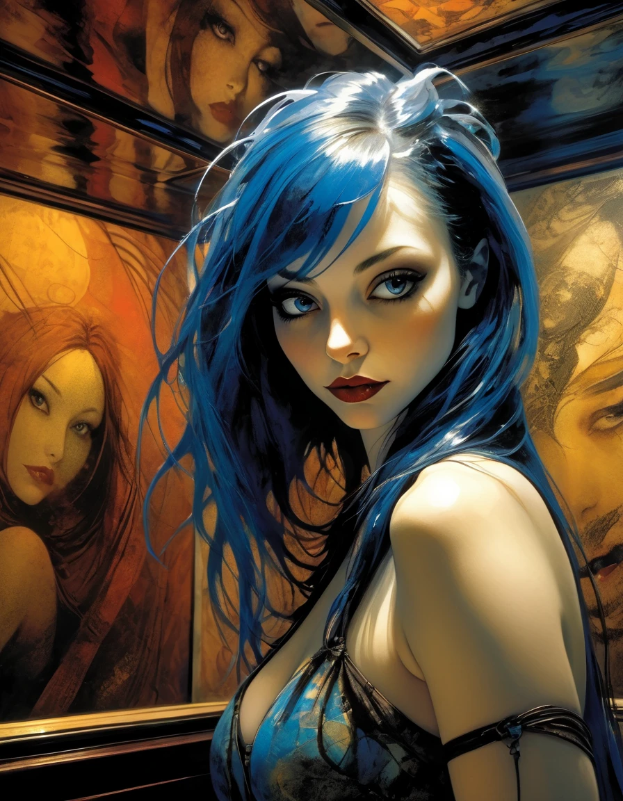 girl with long blue hair, small breasts, erotic posing,on a cruise ship,sexy summer dress, black and white image, smile (inspirational art by Bill Sienkiewicz and Dave McKean, (best quality,4k,8k,highres,masterpiece:1.2),ultra-detailed,(realistic,photorealistic,photo-realistic:1.37),intricate details,vivid colors,sharp focus,professional,Dave McKean artwork, oil touch of surrealism,oil painting style,portrait,woman,beautiful detailed eyes,beautiful detailed lips,dreamlike atmosphere,shadow play,soft lighting,playful pose,dark hues,ethereal background,fantasy elements,texture,layered composition. ✨🤟😁🤗😍😆👍🙌✨👩‍👩‍👦‍👦sex sex sex ✨✨ ❗ 🙏😁❤ top off