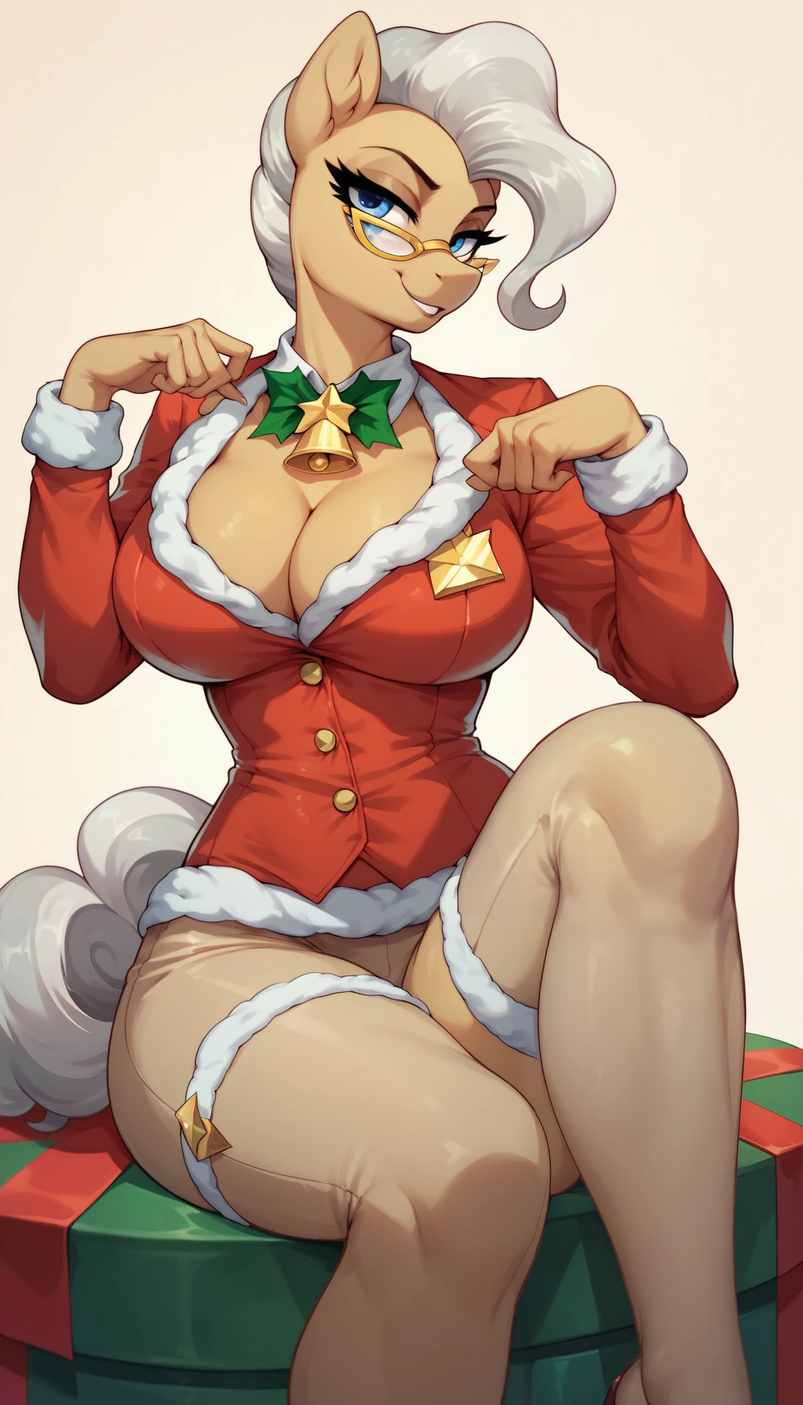 score_9, score_8_up, score_7_up, Mayor Mare, mlp, anthro, 1girl, blue eyes, solo, curly hair, tight body suit, tan beige stockings, large breasts, cleavage, jewellery, 1girl, solo, Christmas clothes, sexy pose, sit pose, legs together, perfect legs, In half a turn