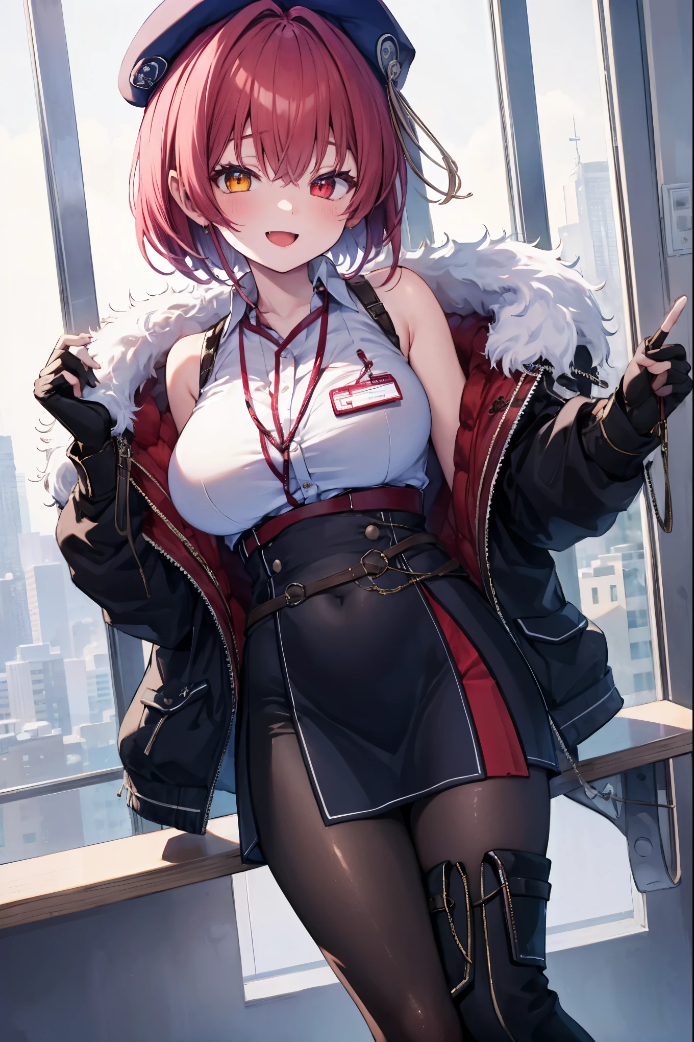 ((Masterpiece)), (Best Quality), marine_beret, Collared_White_Shirt, Sleeveless, High-waisted Skirt, Pantyhose, Blue Jacket, Fur Embellishment, Fingerless Gloves, ID Card, Solo,marine_officer,, black pantyhose, black gloves, thigh boots, beret,houshou_marine,heterochromia, red eyes, orange eyes,open_mouth,big_smile,evil_smile,fang,large_breasts,office_landscape,red_short_hair,(plump:0.7),open_mouth,tongue, slouchgrin,evil,