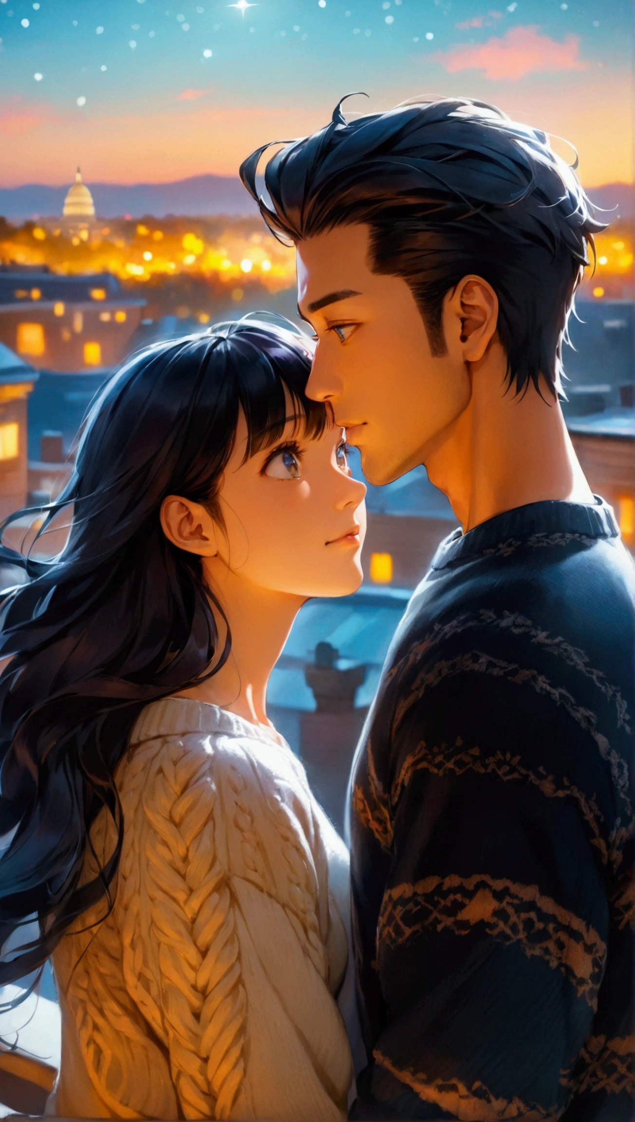 A cinematic photo of a rooftop stargazing scene set against the breathtaking backdrop of Washington D.C. on a warm autumn night, with a sky ablaze with bright stars. The Asian man, with a round face, golden undertone, brown skin, double-lid round black eyes, low cheekbones, and a straight nose, has short black hair styled in a classically slicked-back manner. He wears a stylish, fitted sweater, his expression tender and full of wonder as he gazes at the stars alongside his European girlfriend. She, with a pretty oval face, almond-shaped eyes, low cheekbones, and a prominent nose, has blonde hair that cascades down her back in soft, flowing waves, complementing her fair complexion with a cool undertone. Dressed in a cozy sweater paired with casual, dark-washed pants, she leans into him, her face aglow with happiness and affection. The full-body shot captures their serene moment together under the vast, starry sky, as the warm, golden lighting of the rooftop ambiance enhances the romantic and dreamy atmosphere of their magical evening.((Asian man, 30-year old, muscular physique, round face)), (European woman, 23-year old, blonde hair, blue eyes, prominent nose, long hair)), highly detailed, very fine