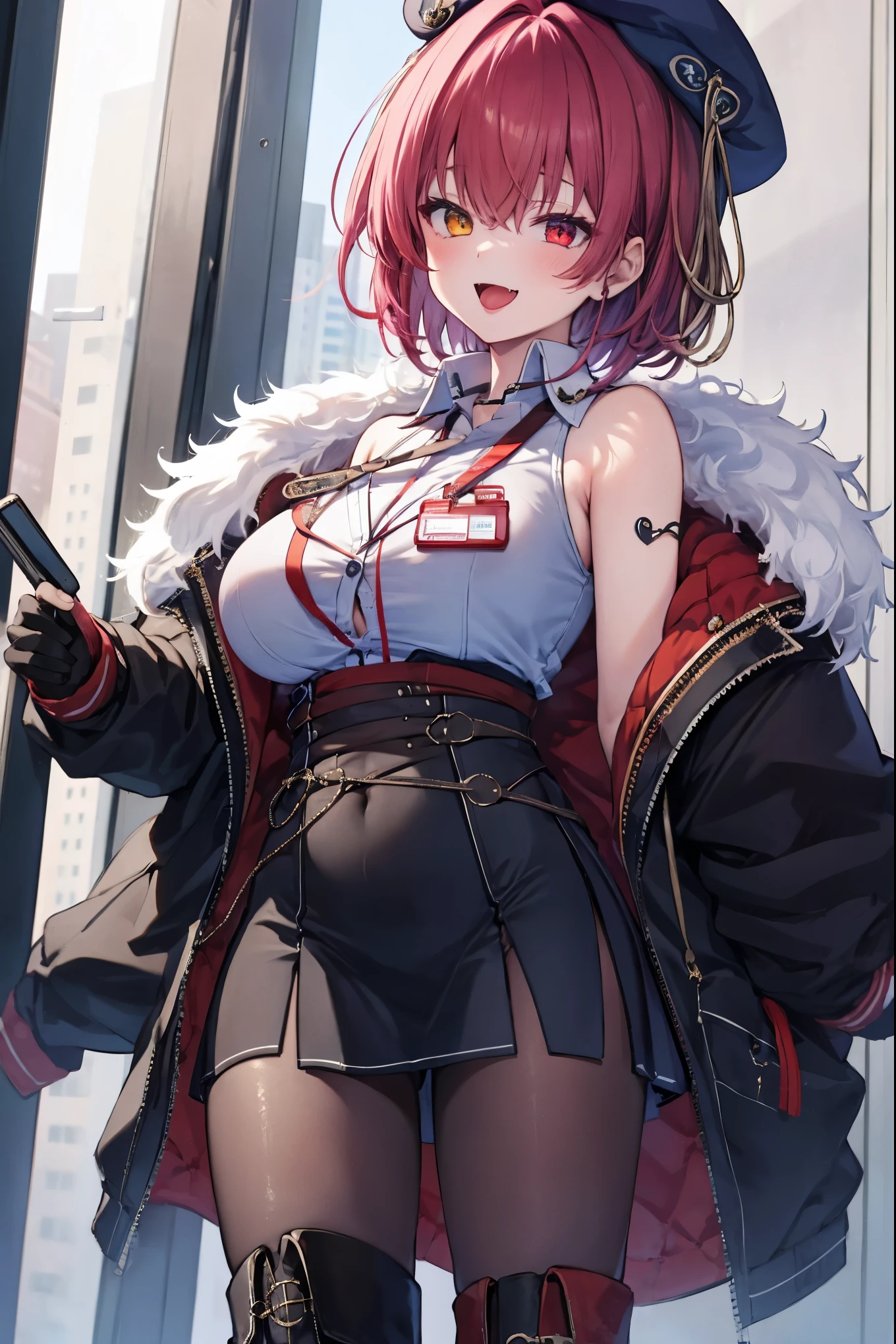 ((Masterpiece)), (Best Quality), marine_beret, Collared_White_Shirt, Sleeveless, High-waisted Skirt, Pantyhose, Blue Jacket, Fur Embellishment, Fingerless Gloves, ID Card, Solo,marine_officer,, black pantyhose, black gloves, thigh boots, beret,houshou_marine,heterochromia, red eyes, orange eyes,open_mouth,big_smile,evil_smile,fang,large_breasts,office_landscape,red_short_hair,(plump:0.7),open_mouth,tongue, slouchgrin,evil,