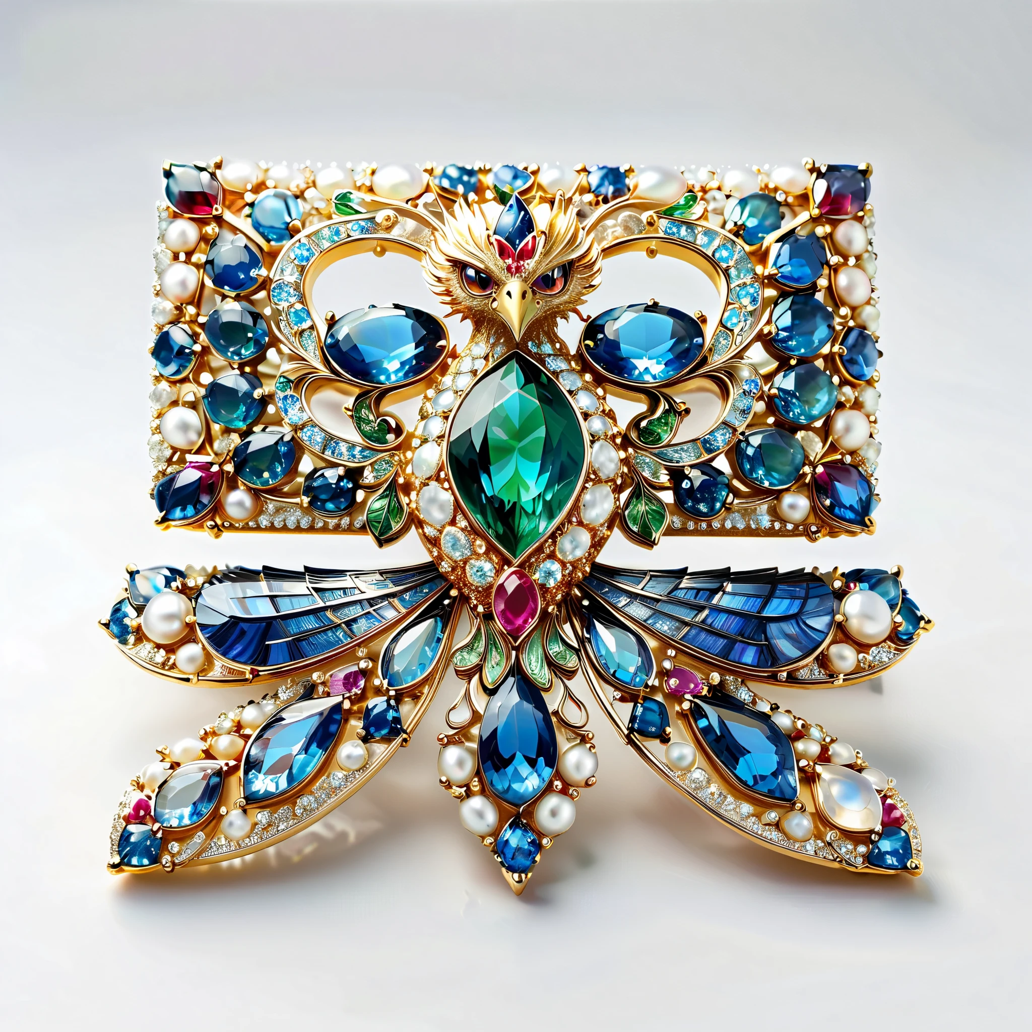 masterpiece. Exquisite brooch ， depicts a Malagasy tourmaline phoenix， precious stones adorning high jewellery . Exquisite craftsmanship.  high quality. Excellent refinement. (( super detailed)).  on the table decoration ， and scattered some mother-of-pearl , opal, ruby. lapis lazuli. masterpiece hors norme. majestic and true.  Super Realistic .. ((  white background ))