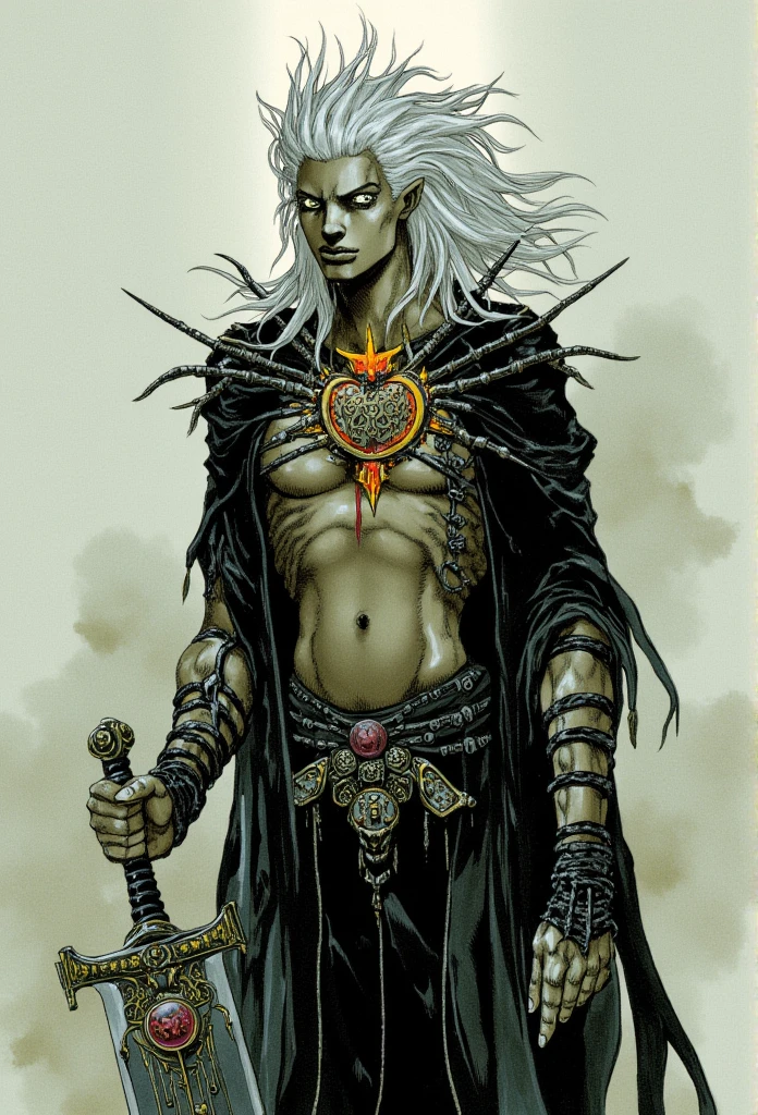 Ultra High Resolution digital art of a stitched, undead warrior with pale, patchwork skin. The character stands tall with wild, flowing white hair and glowing silver eyes. A glowing mechanical core resembling a dark heart is embedded in his chest, pulsing with ominous energy. He wears a tattered black cloak adorned with intricate occult symbols, exposing his stitched, decaying torso beneath. In his hand, he wields a cursed greatsword with a skeletal hilt, surrounded by faint, shadowy mist