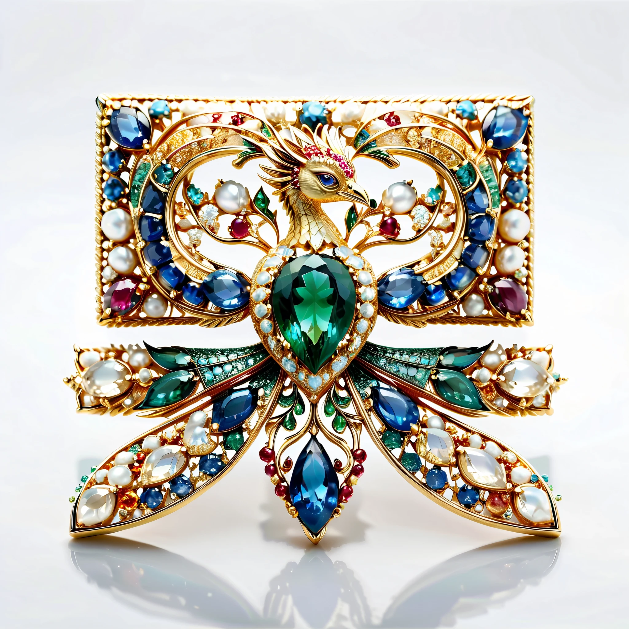 masterpiece. Exquisite brooch ， depicts a Malagasy tourmaline phoenix， precious stones adorning high jewellery . Exquisite craftsmanship.  high quality. Excellent refinement. (( super detailed)).  on the table decoration ， and scattered some mother-of-pearl , opal, ruby. lapis lazuli. masterpiece hors norme. majestic and true.  Super Realistic .. ((  white background ))