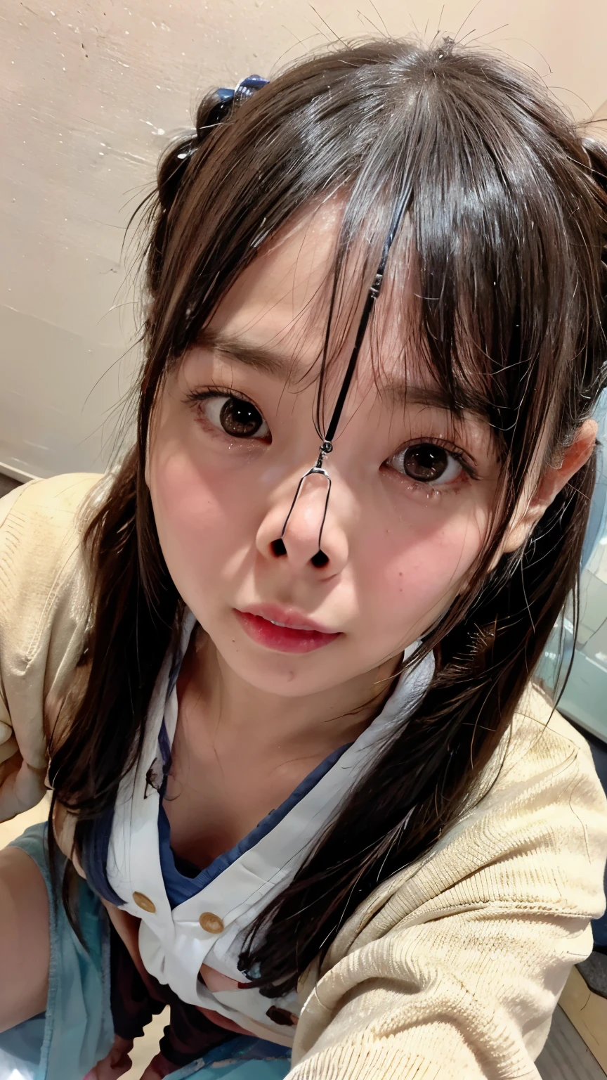 score_9,score_8_up,score_7_up,best,quality,ultra detailed,absolutely resolution,ung girl,Black hair,straight hair+forehead,large breasts,school uniform+cleavage,erection of nipple,collar,(open mouth+out tongue:1.2),(((excessive bukkake+wet body+wet hair+excessive cum+cum in mouth+cum in hair+cum facial+cum on body))),(Smile+happy),from above,looking at viewer,Restroom