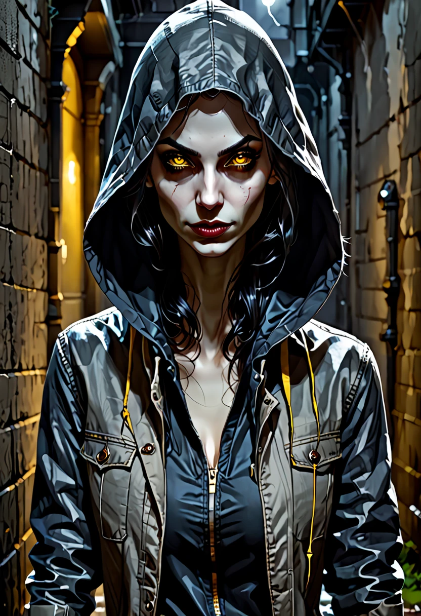 in the style of Charlie Bowater, (UHD), vampire, Nosferatu, woman, ugly face, asymmetrical eyes, hooded jacket, too long arms, crouching, looking at the viewer from the shadows, yellow eyes, gray skin like old cracked parchment, crouching in an alley, torn jeans, combat boots, sunken cheeks, deep-set eyes, crooked nose, night