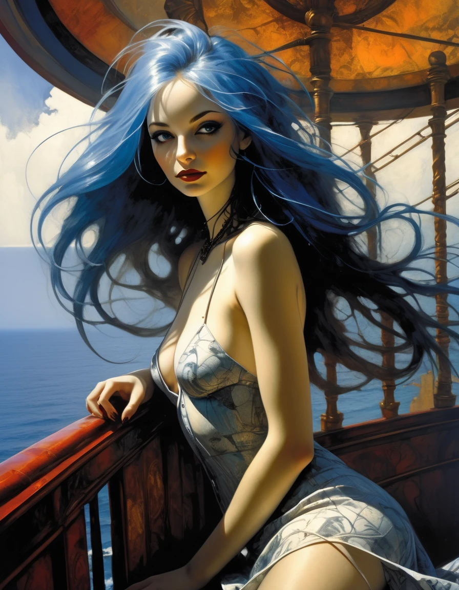 girl with long blue hair, small breasts, erotic posing,on a cruise ship,sexy summer dress, black and white image, smile (inspirational art by Bill Sienkiewicz and Dave McKean, (best quality,4k,8k,highres,masterpiece:1.2),ultra-detailed,(realistic,photorealistic,photo-realistic:1.37),intricate details,vivid colors,sharp focus,professional,Dave McKean artwork, oil touch of surrealism,oil painting style,portrait,woman,beautiful detailed eyes,beautiful detailed lips,dreamlike atmosphere,shadow play,soft lighting,playful pose,dark hues,ethereal background,fantasy elements,texture,layered composition. ✨🤟😁🤗😍😆👍🙌✨👩‍👩‍👦‍👦sex sex sex ✨✨ ❗ 🙏😁❤ bare breasts, hands on breasts, shows breasts
