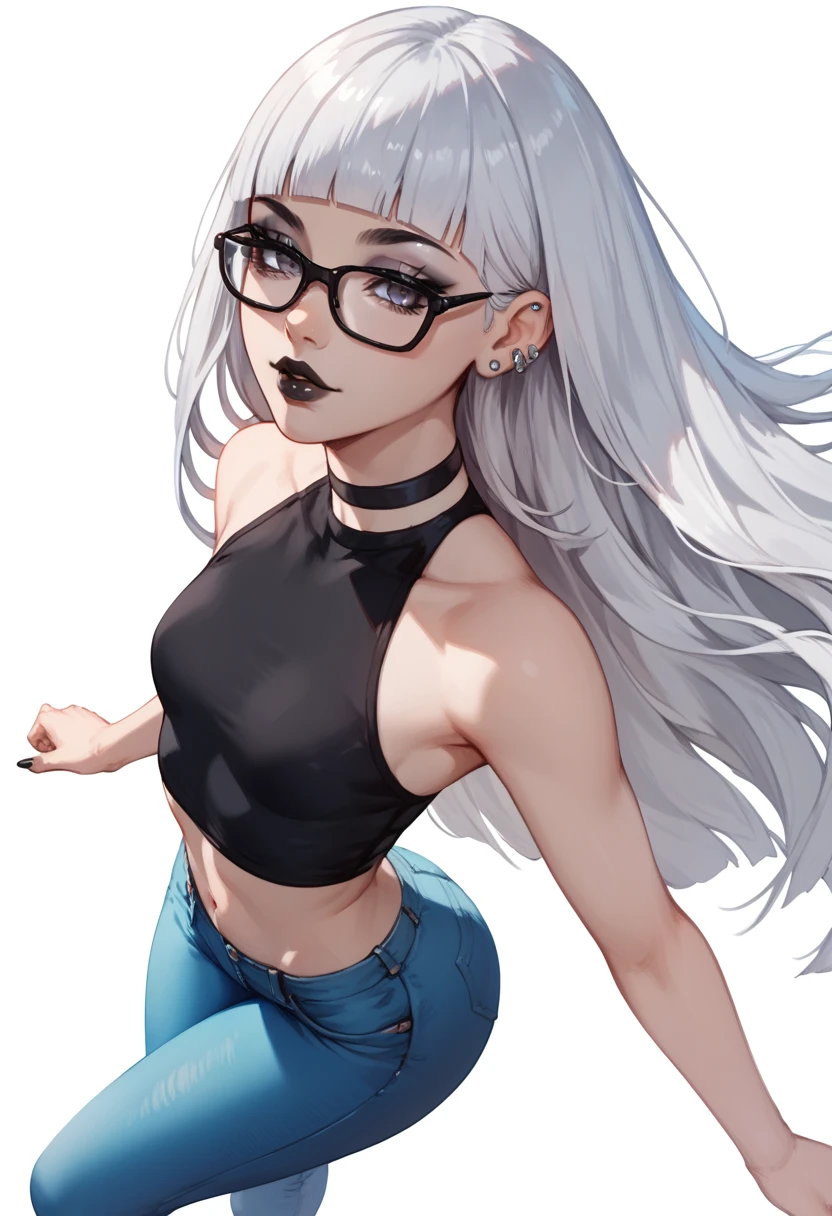 score_9, score_8_up, score_7_up, score_6_up, score_5_up, score_4_up,
BREAK
1girl, white hair, hime-cut hair, straight hair, long hair, grey eyes, thick lips, small, long eyelashes, half-closed eyes, black-framed eyewear, round eyewear, black choker, blunt bangs, adult, black eyeliner, ear piercing, black lips, grey eyeshadow, looking at viewer,
BREAK
solo, standing, small breast, adult, skinny, from above, arched back, thigh gap, black top, blue jeans,
BREAK
(white background:1.2), simple background, dynamic pose, dynamic angle, angled shot, 