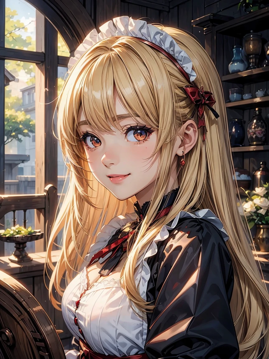 Beautiful 18 year old girl,  big eyes,  Big Breasts, Small and slim, 8k, top quality, ( very detailed head: 1.0), ( detailed face : 1.0), (Highly detailed hair: 1.0),   maid clothes,  Detailed Official Artwork ,  Anime Moe Art Style,   Neat and detailed anime art with red blood  , smile, Blonde, Smooth Long Hair 