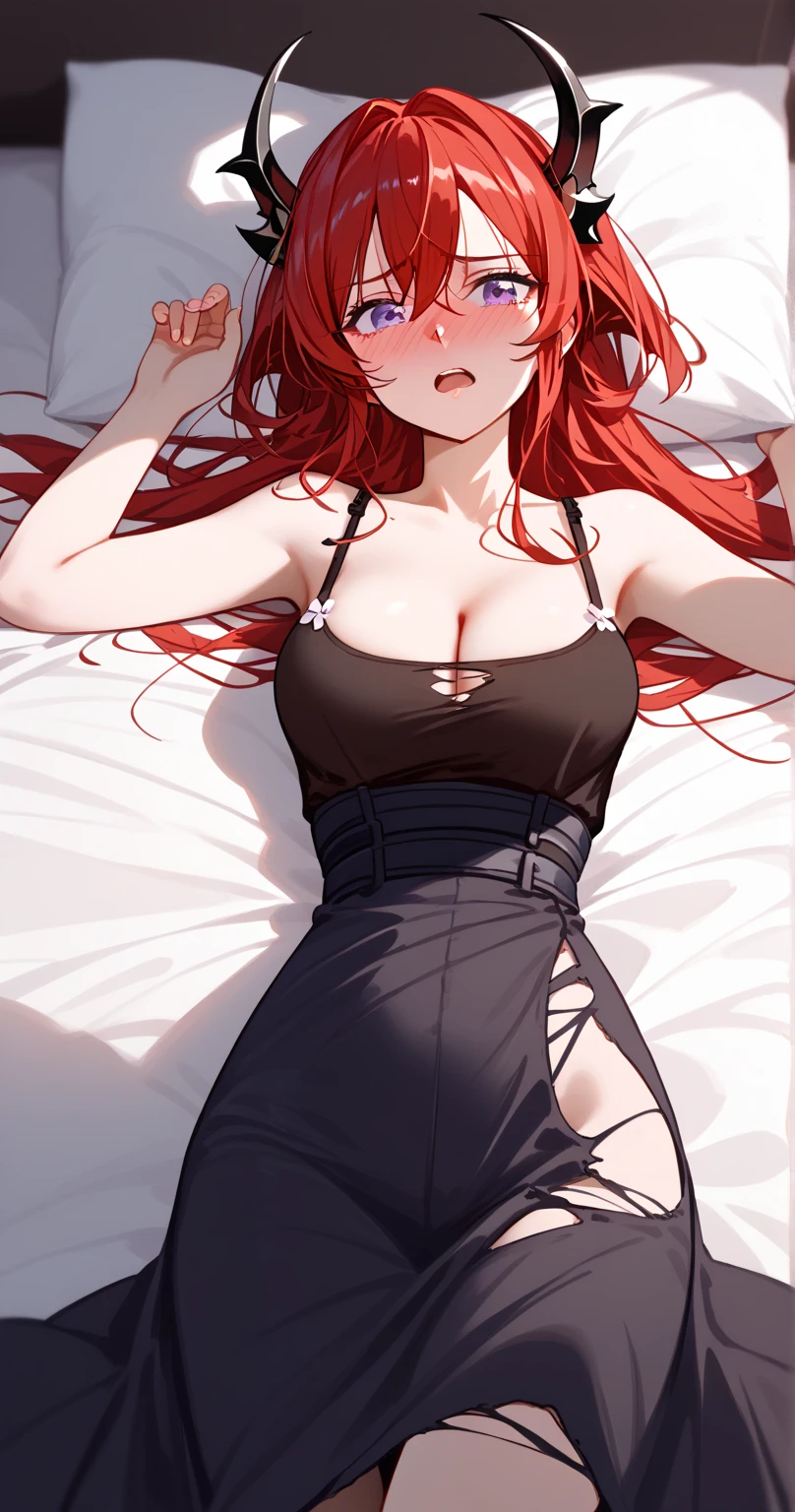 surtr ,Sur_Def, (black Daemon Horns:1.2), purple eyes, red hair,long hair、torn black camisole dress
BREAK
25 year old woman,sexy Lip、slender body、medium breasts ,nose blush,(liying on back:1.3),embarrassed,open eyes,cleavage
BREAK
high definition , masterpiece,  anatomically correct ,  very detailed,  High Quality 
BREAK
(bedroom at night:1.3),Dienamic sexy pose,cowboy shot