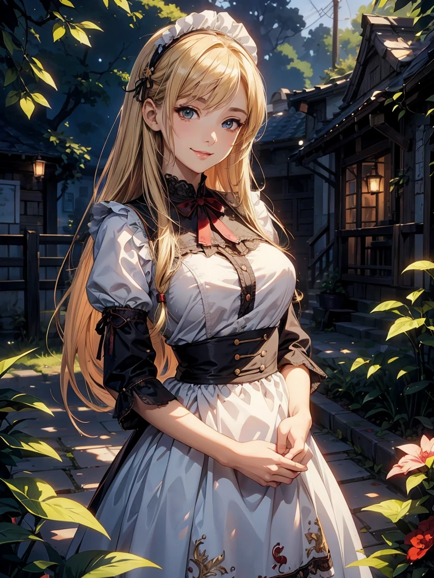 Beautiful 18 year old girl,  big eyes,  Big Breasts, Small and slim, 8k, top quality, ( very detailed head: 1.0), ( detailed face : 1.0), (Highly detailed hair: 1.0),   maid clothes,  Detailed Official Artwork ,  Anime Moe Art Style,   Neat and detailed anime art with red blood  , smile, Blonde, Smooth Long Hair , cowboy shot 