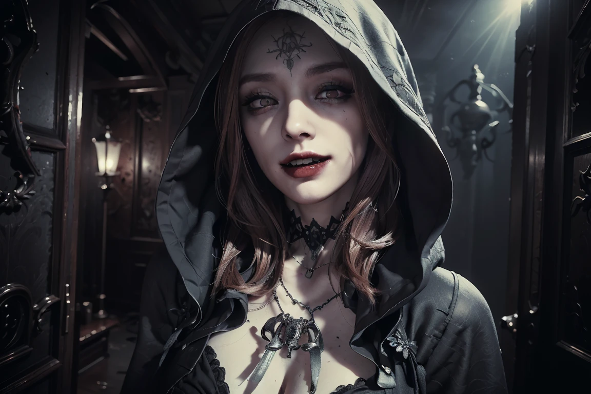 (((Best quality, 8k, Masterpiece: 1.3)), ((best quality)), ((masterpiece)), (detailed), perfect face, (detailed skin:1.3), (intricate details), Detailed eyes, Gothic horror, vampire, red eyes, fangs, dirty dress, Hooded, bats, abandoned houses, spider webs, midnight