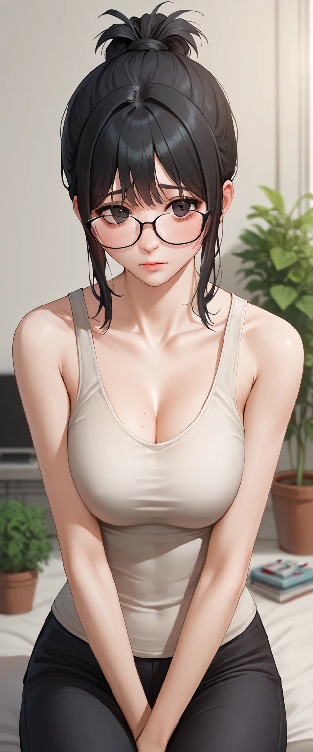 4K, Masterpiece, สาวgardener,Black hair,Hair tie,Wear glasses,Black eyes,Shy,gardener,Pruan Din,tank top,Backyard,