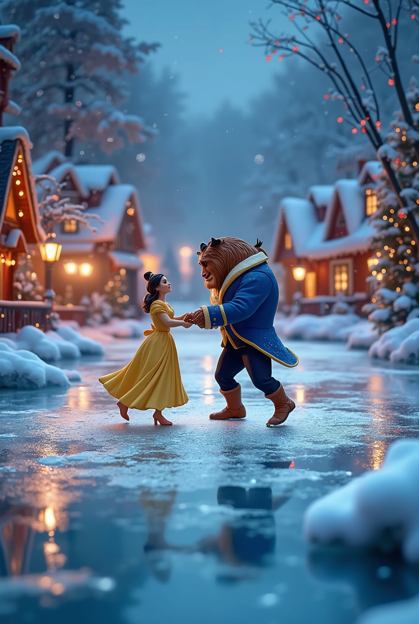 (8k, Highest quality, masterpiece), Christmas decorations, battery operated round decoration cake shaped toy, rotating toys, toys with ice dancing dolls, toys that imitate a Christmas town ,(,A rotating cylinder-shaped toy, A frozen lake, the beauty lady and the beast are ice dancing:1.4,, )