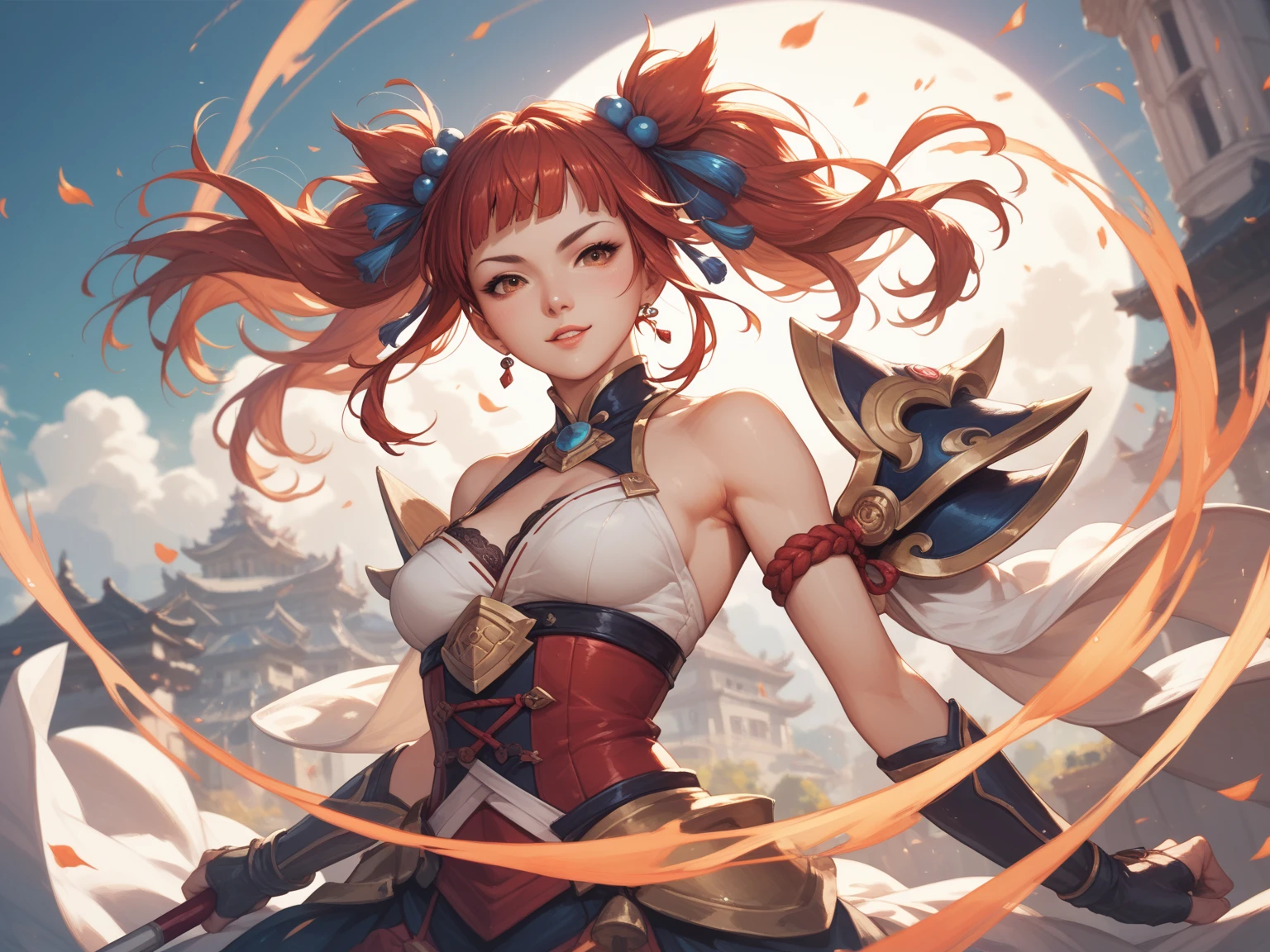 ((Best Quality, 8K, Masterpiece: 1.3)), Chun Li, Masterpiece, Ultra Detail, Ultra HD, 8K, ((Black Pantyhose)), White High Boots, Street Fighter Chun Li, 1girl, Solo, Best Quality, Realistic, Ultra Detailed, (Shiny Skin, Sweating: 1.4), Looking at the Audience, Brown Eyes, Slender, Dynamic Light and Shadow, High Resolution, Sharp Focus, Depth of Field, Fine Eyes, Sharp Pupils, Realistic Pupils, (Thigh Thickness: 1.3), Outdoor, Sky, Detailed Eyes, Backlight, Best Light and Shadow, Intricate Details, Ultra Detailed Details, Capcom Chunli, Upper Body Close-up, Small Thin Waist, Slim Abdomen, Character Standing, Sideways, Looking Back, Big Eyes, Long Eyelashes, Delicate Nose, Instagram Style Girl, Kung Fu Pose, (Upper Body: 1.5), Above the Waist Frame, Perfect Digital Illustration, Computer Background, Wind, Petals, Long Flowing Hair, Artistic Conception, Messy Red Petal Background, Ancient Chinese Architecture, Temple, Temple, Mountain Road Behind You