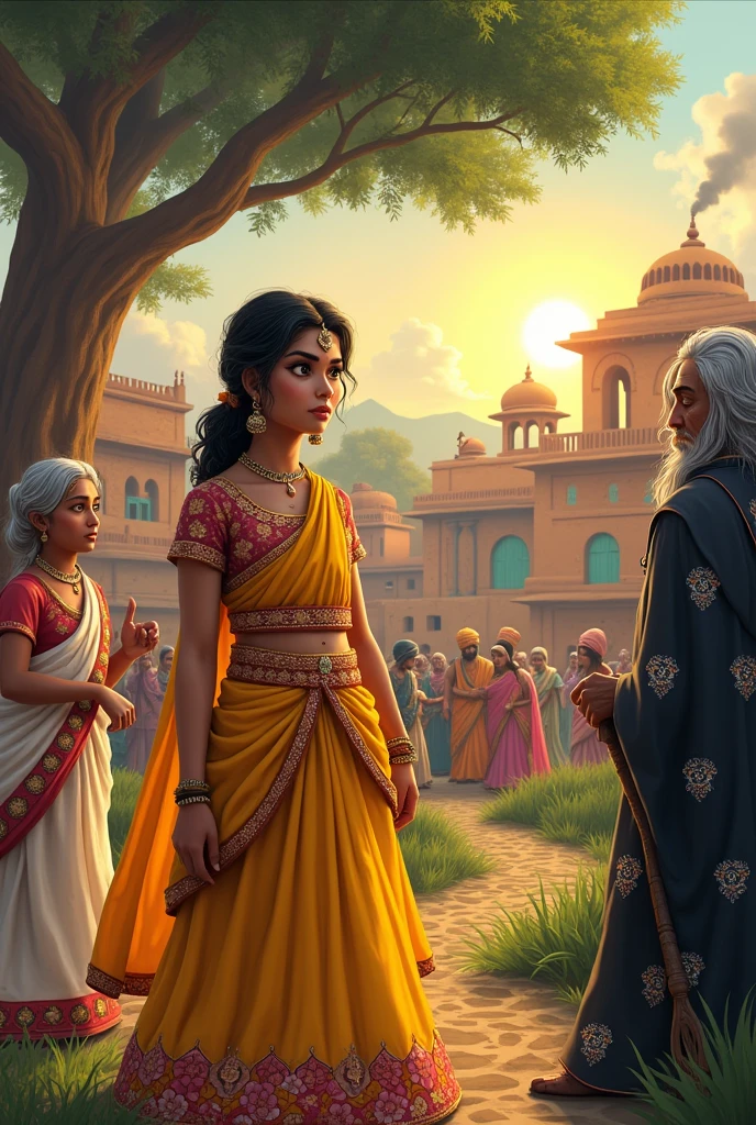 , Kavya and Aditya's Determination: Kavya and Aditya standing side by side, determined expressions on their faces as they rally the villagers. Aditya holds a large sketchbook, and Kavya is mid-speech, passionately explaining their plan.