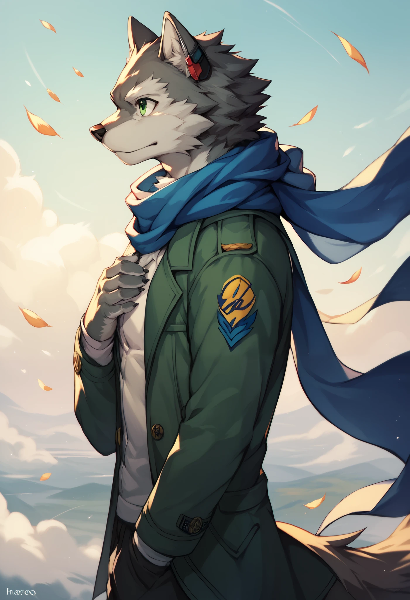 dusk,view from side,solo,scarf,wind,gray fur,GREEN EYES,WOLF,FURRY,ANTHRO,Hash,AIR,Rouon Aro,hand on chest