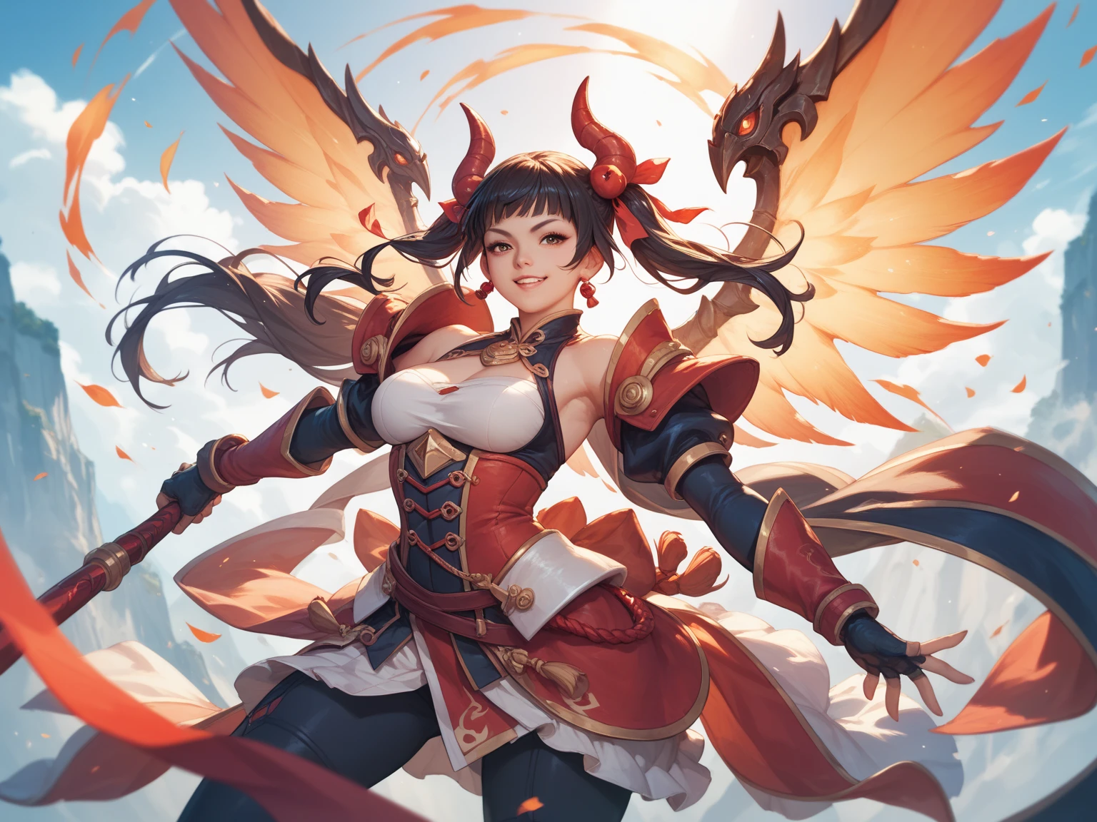 (masterpiece), best quality, expressive eyes, perfect face,1girl,amber,genshin impact,big breasts,magical girl costume,pleated skirt,thigh boots,red wings,cleavage,blush,mountain background,sexy pose,action pose,[[golden bow]],full body shot,dynamic angle,(sparkle:0.9),(glitter:0.9),red feathers in the air,daytime,clear skies