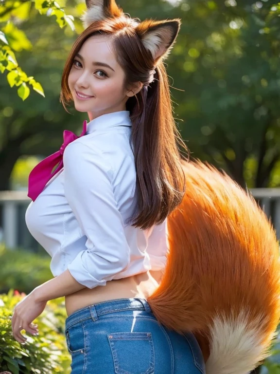 (( top quality, 8k)), ((masterpiece)), ( highest resolution),  perfect face, Woman with fox ears, Woman with a tail,  beautiful woman, She's a college student , It was taken in the garden, Only one tail, She has thick thighs, Her big fox tail ,  her fox tail is visible , She wags her tail,  she's wearing a bow tie ,  she's wearing a shirt and jeans,  Big Breasts ,  big hips, There is 1 tail growing on her butt ,  her fox tail is sticking out, Her tail is fox-colored,  Sexy Face