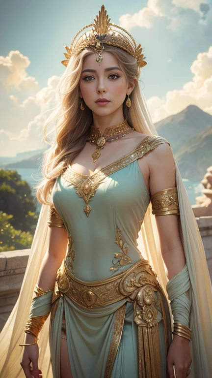 Protrait, photograph, androgynous hunnuman, oval jaw, delicate features, beautiful face, hair, long bangs, long ponytail, bright blue-green eyes, hindu art showing off body brown hair, in old sand stone temple, Russian face blonde hair, sun rays
