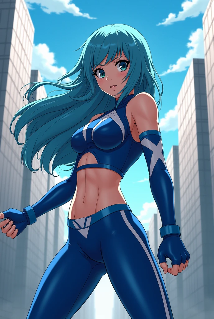 woman,full body,smiling,front view, glowing logo crop top, blue leggings, thigh gap, beach