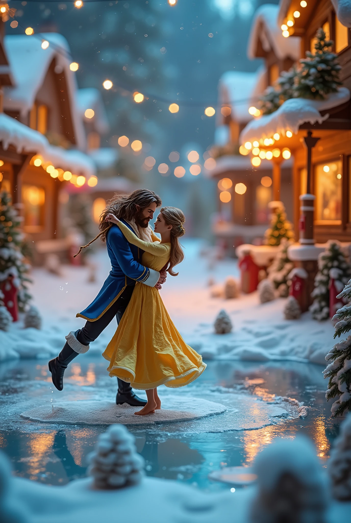 (8k, Highest quality, masterpiece), Christmas decorations, battery operated round decoration cake shaped toy, rotating toys, toys with ice dancing dolls, toys that imitate a Christmas town ,(,A rotating cylinder-shaped toy, A frozen lake, the beauty lady and the beast are ice dancing:1.4,, )