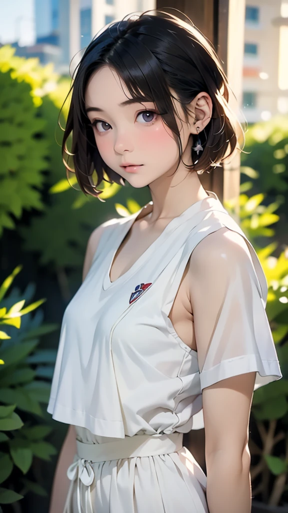 (((pixel-perfect, detail-perfect))), HDR, 4K, 1girl, solo, exposed back, looking at viewer, upper body, black hair, bob_hair, short-hair, short bob hair, (((bobcut) )), ((haircut:1.3)), undercut, bobbed hair, minibob, sidecut, buzz haircut, sidecut, side of head shaved, purple eyes, ((Shave his hair)), Short ear hair, graduation bob, (cowboy shot:1.5), straight short hair, buzzed nape, tank top, nike logo, ((Extremely precise and accurate anatomy:1.0)),Kind eyes,Graceful pose,(Beauty of form:1.4) Golden ratio, big eye,(nature's providence:1.4),