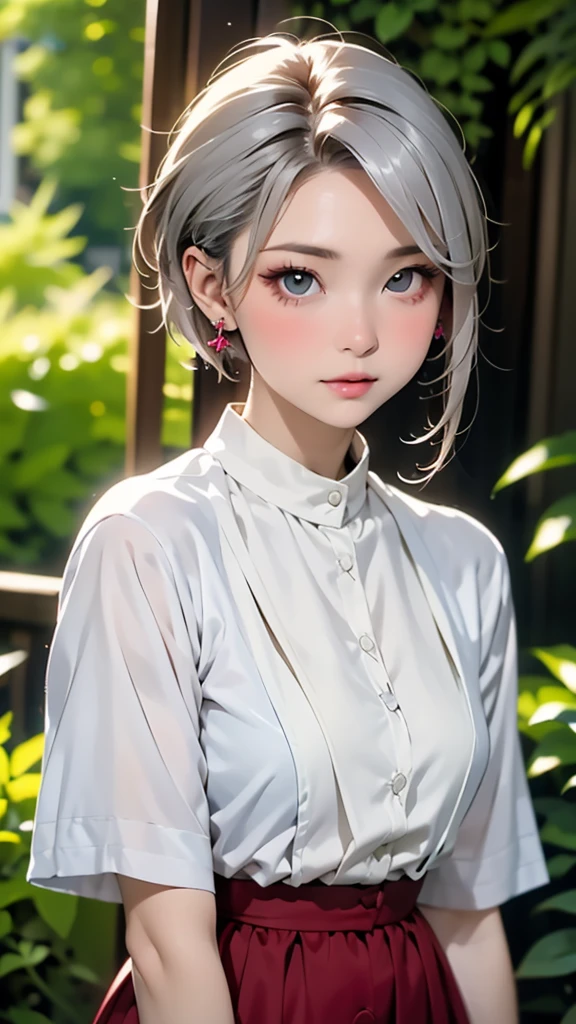 (highest quality, masterpiece), One girl, beautiful girl, Brown_eye, ((hair color [Silver hair], [Pixie cut with front hair] hair)), Earrings, lips, Short sleeve,Realistic, Tight waist, Charm, Colorful Makeup, Long eyelashes, Fair skin, (cute), (Detailed face), Detailed eye, Detailed iris,((Extremely precise and accurate anatomy:1.0)),Kind eyes,Graceful pose,(Beauty of form:1.4) Golden ratio, big eye,(nature's providence:1.4),