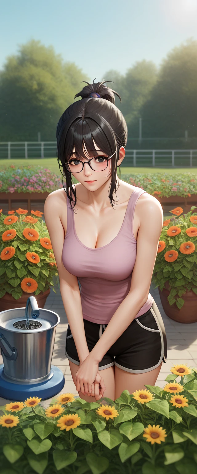 4K, Masterpiece, สาวgardener,Black hair,Hair tie,Wear glasses,Black eyes,Shy,gardener,Pruan Din,tank top,Backyard,Sexy,Watering ,นมใหญ่, , shorts,T pose