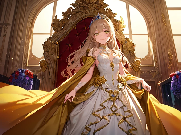 ((Highest quality)), ((masterpiece)), (detailed), (Perfect Face)、The woman is Yuuki Asuna, a Russian with light brown, medium-long hair, an elegant, graceful and beautiful Russian noblewoman, and the Empress of the Great Russian Empire.、The woman is beautifully dressed in a gorgeous, glittering gold-colored Russian coronation dress of an ancient Russian empress, with gorgeous accessories, and a beautiful, gorgeous kokoshnik.